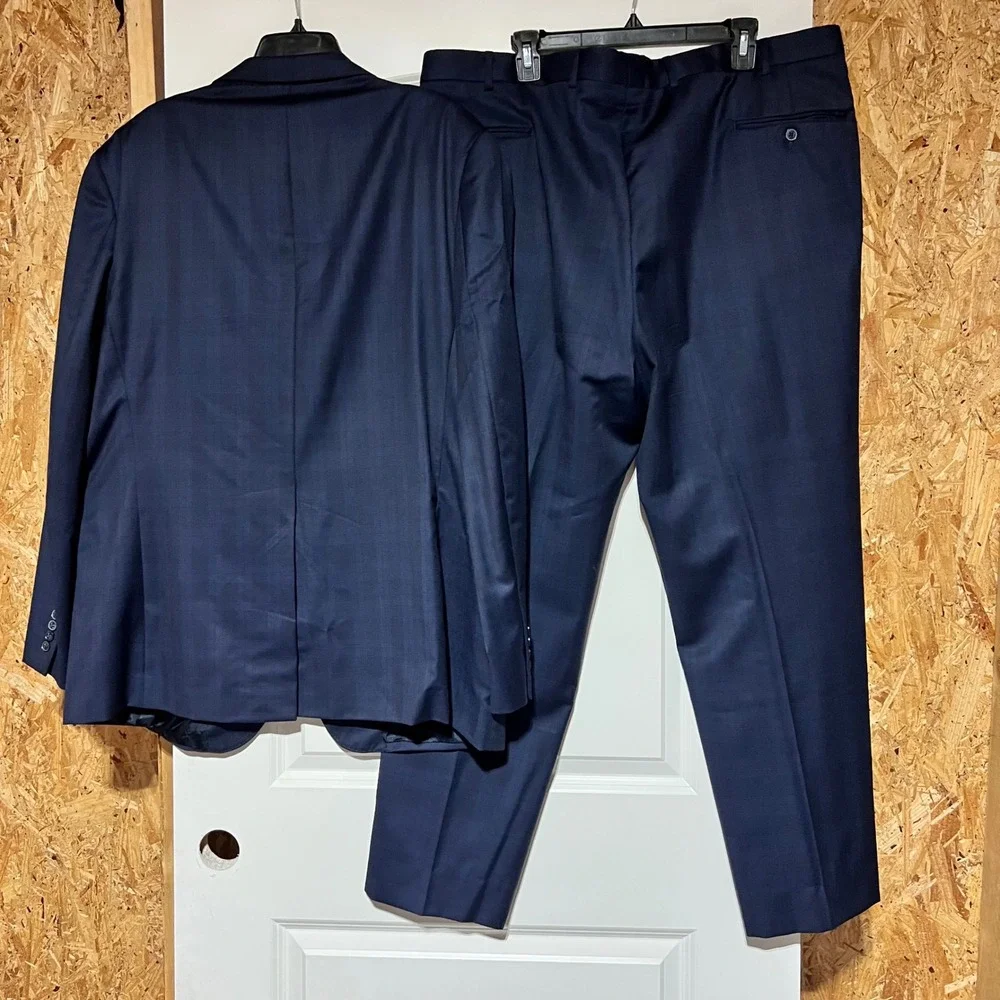 Jos. A. Bank Reserve Navy Blue Glen Plaid 100% Wool Suit 48R W42 3405/2DB